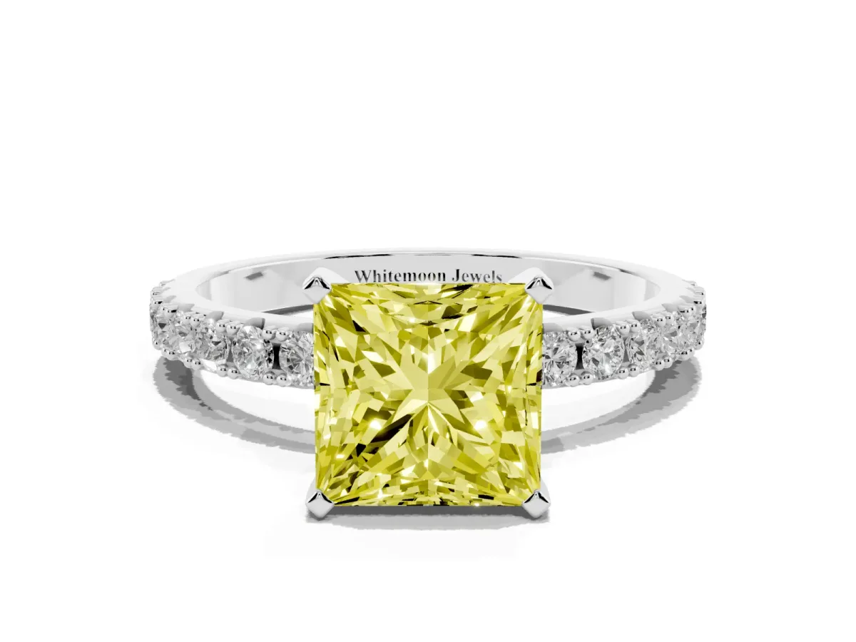 Fancy Yellow Princess Cut Diamond Solitaire Pavé Band with Four-Prong Setting Silver