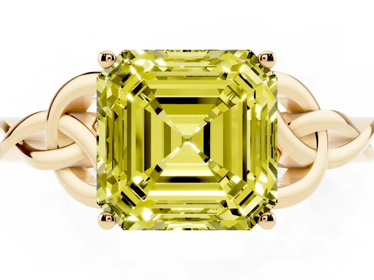 Fancy Yellow Asscher Cut Diamond Solitaire Engagement Ring with Celtic Knot Band and Four-Prong Setting Yellow gold