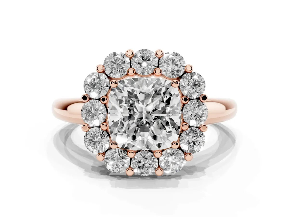 Cushion Cut Halo Cluster Diamond Engagement Ring with Prong Setting and Polished Band Rose gold
