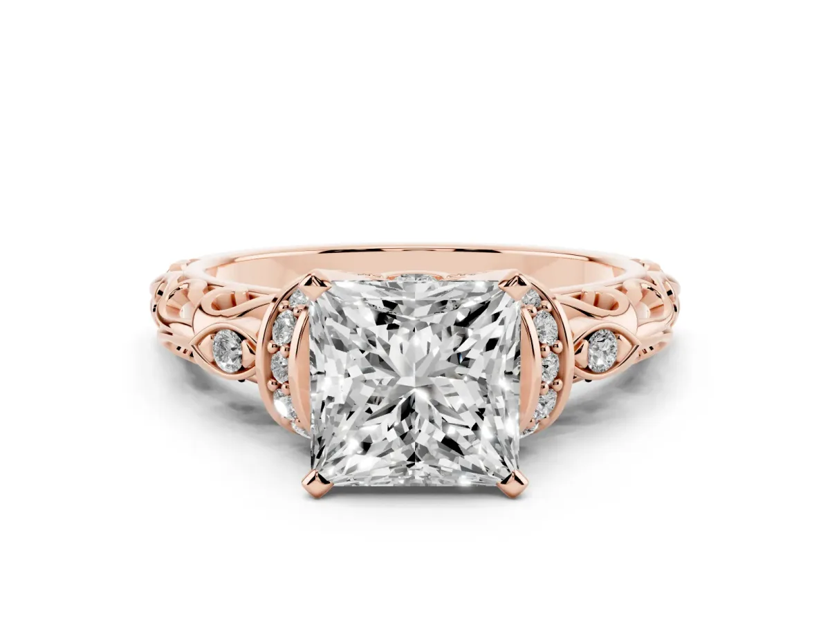 Princess Cut Diamond Solitaire Ring with Filigree Band and Four-Prong Setting Rose gold
