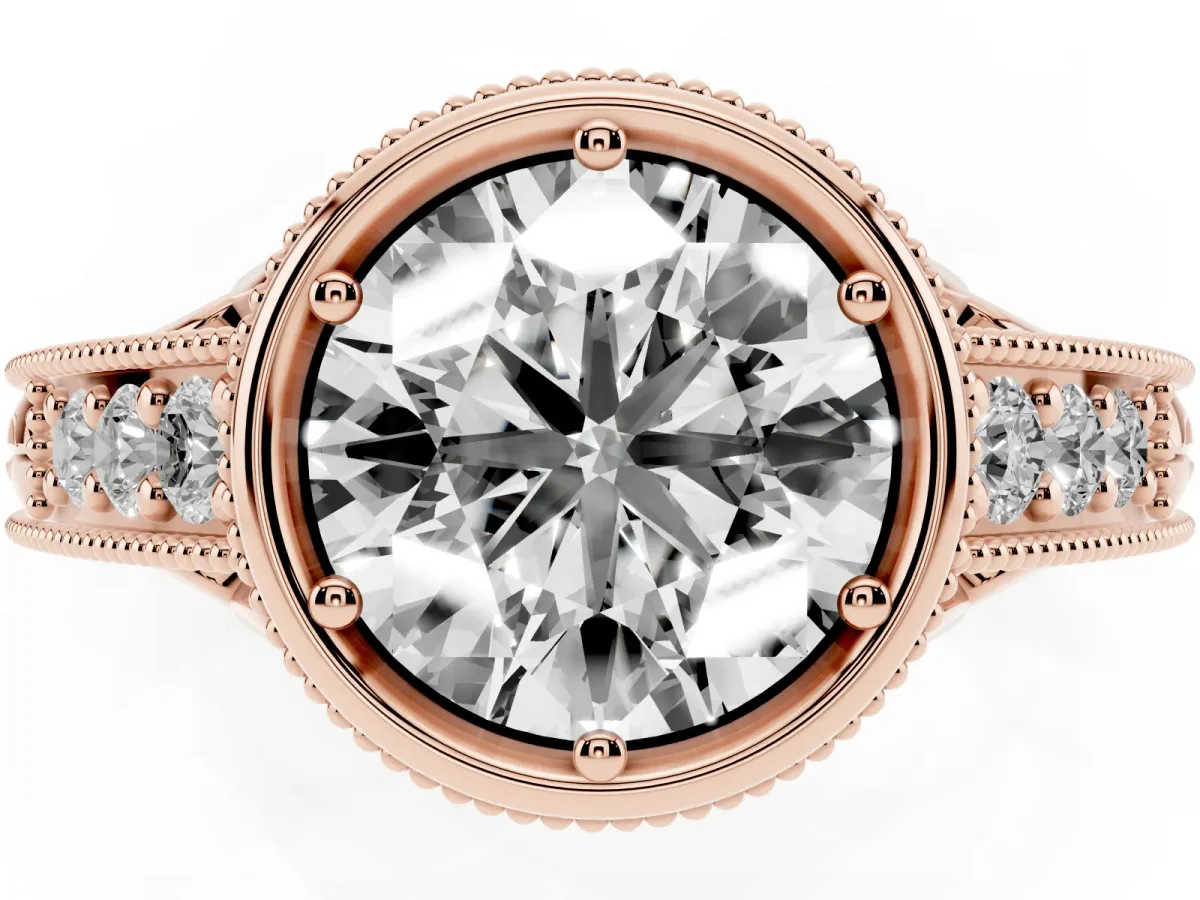 Bezel Set Round Cut Diamond Milgrain Pave Engagement Ring Rose gold