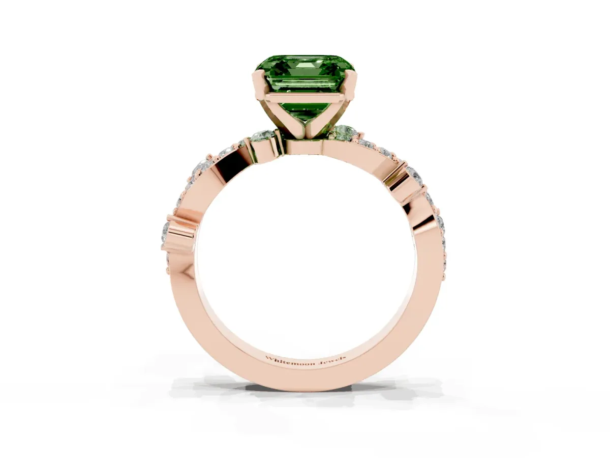 Fancy Green Asscher Cut Cut Solitaire Diamond Twisted Band with Pave Setting Rose gold