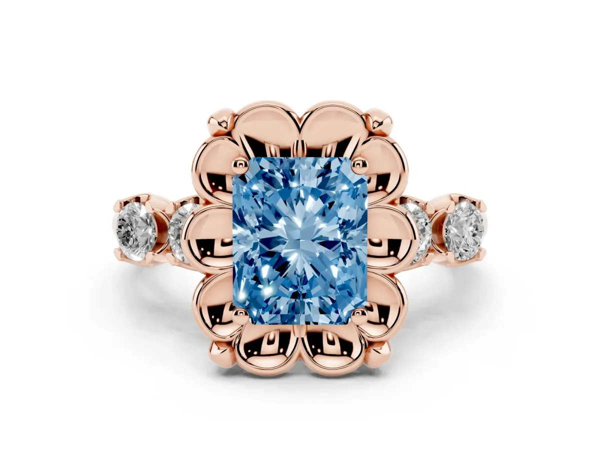 Fancy Blue Radiant Cut Cut Diamond Floral Halo Engagement Ring with Shared Prong Setting Rose gold