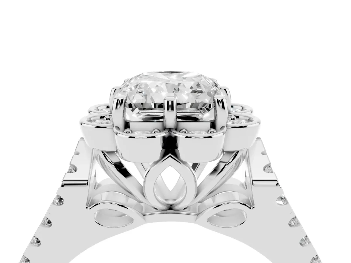 Radiant Cut Halo Diamond Floral Split Shank Engagement Ring Silver