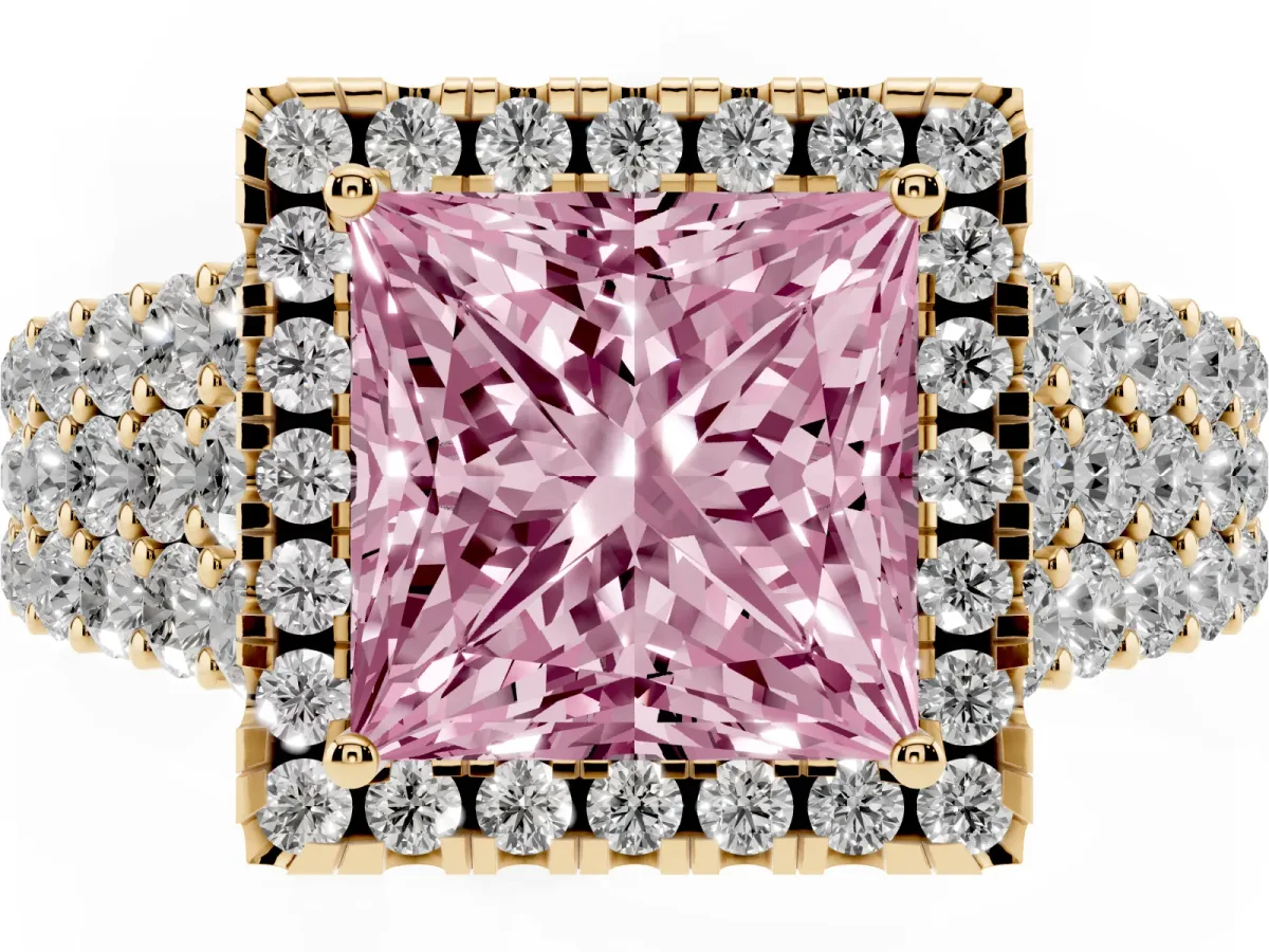 Fancy Pink Princess Cut Diamond Halo Engagement Ring with Triple Row Round Pavé Band and Prong Setting Yellow gold