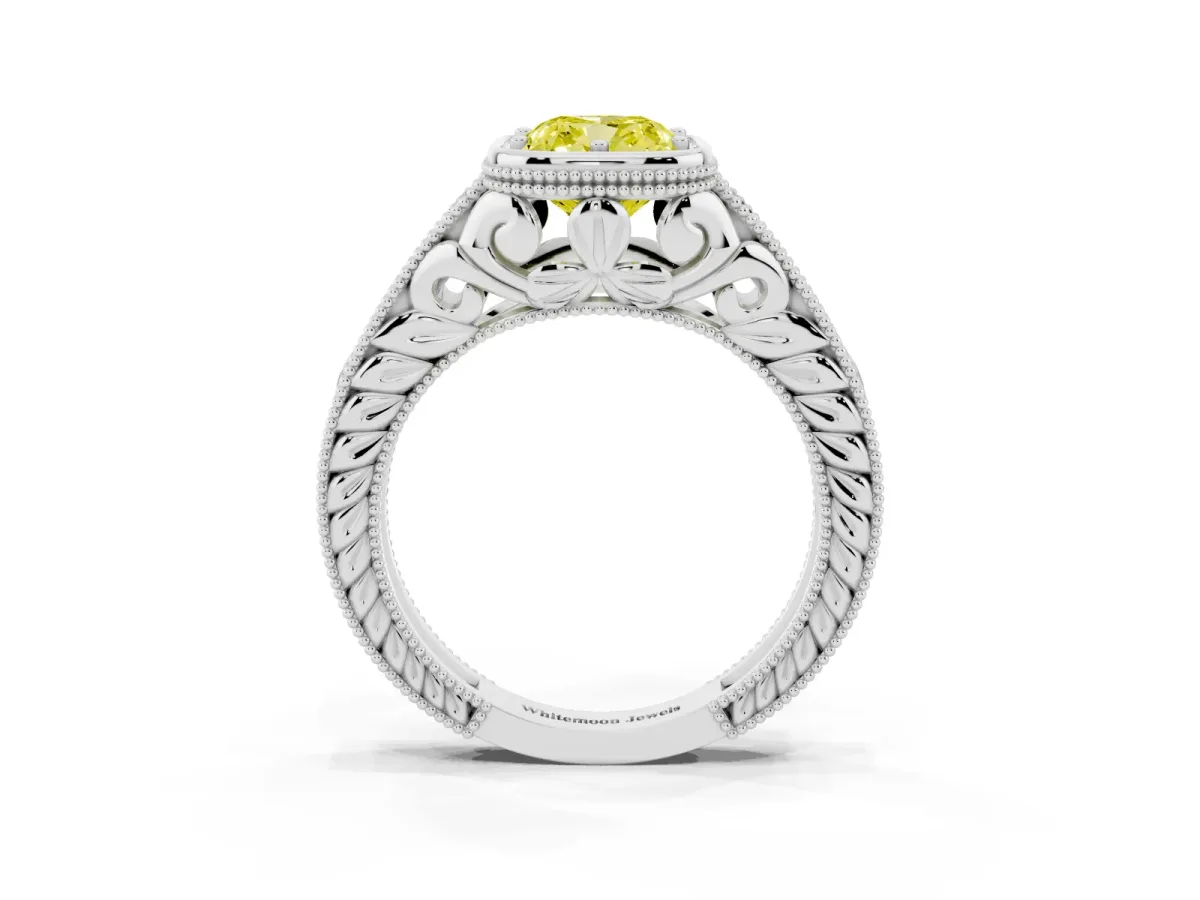 Fancy Yellow Bezel Set Cushion Cut Diamond Milgrain Pave Engagement Ring Silver