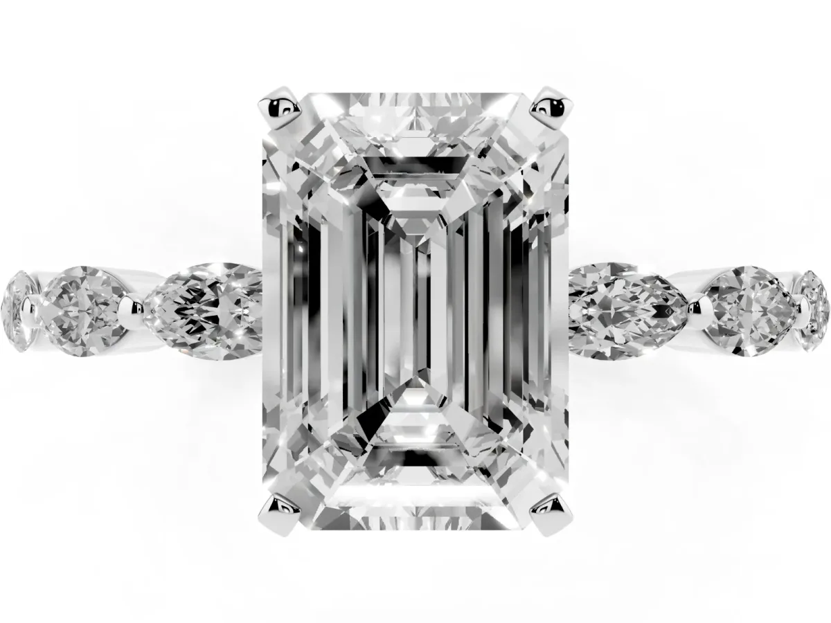 Emerald Cut Diamond Ring with Marquise Side Stones and Prong Setting Platinum