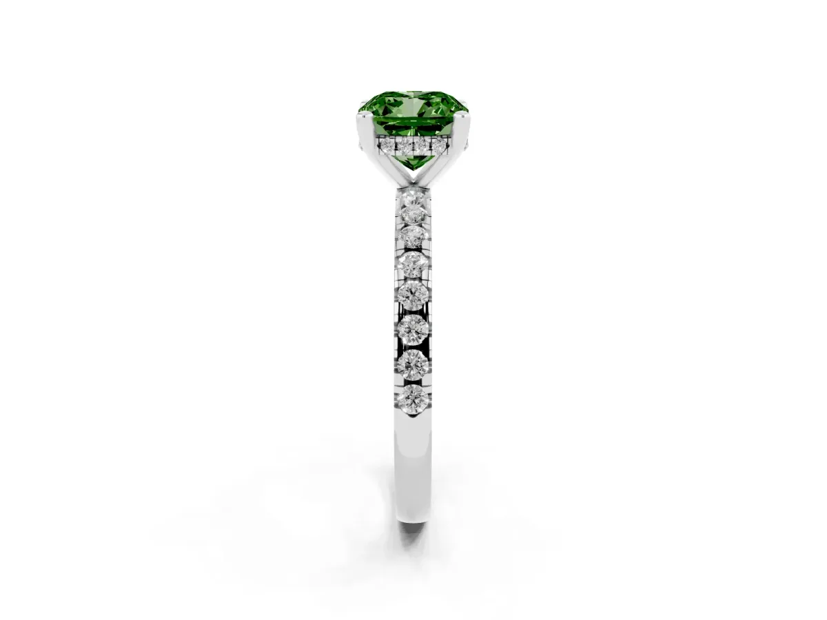 Fancy Green Cushion Cut Diamond Solitaire Ring with Round Pavé Band and Four-Prong Setting Silver