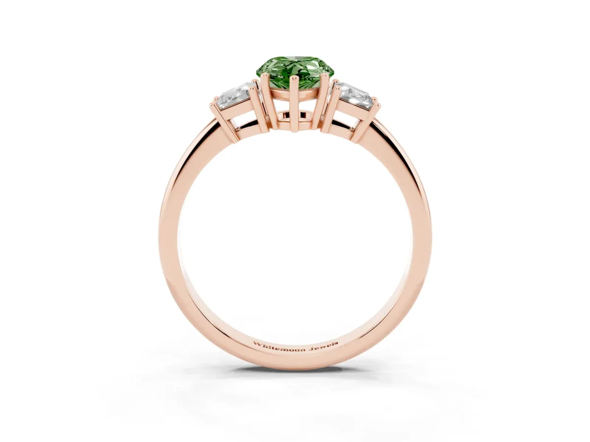 Fancy Green Pear Cut Diamond Three-Stone Ring with Trapezoid Side Stones and Prong Setting Rose gold