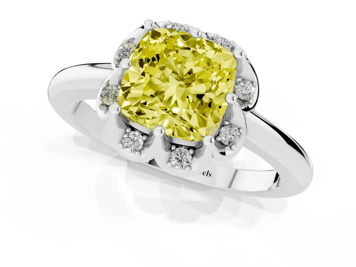 Fancy Yellow Cushion Cut Halo Diamond Ring with Round Cluster Setting, Solitaire Band, and Four-Prong Setting Platinum