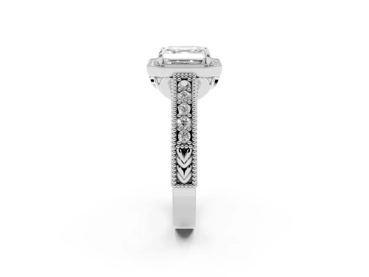 Asscher Cut Cut Halo Diamond Ring with Pavé Band and Four-Prong Setting Platinum