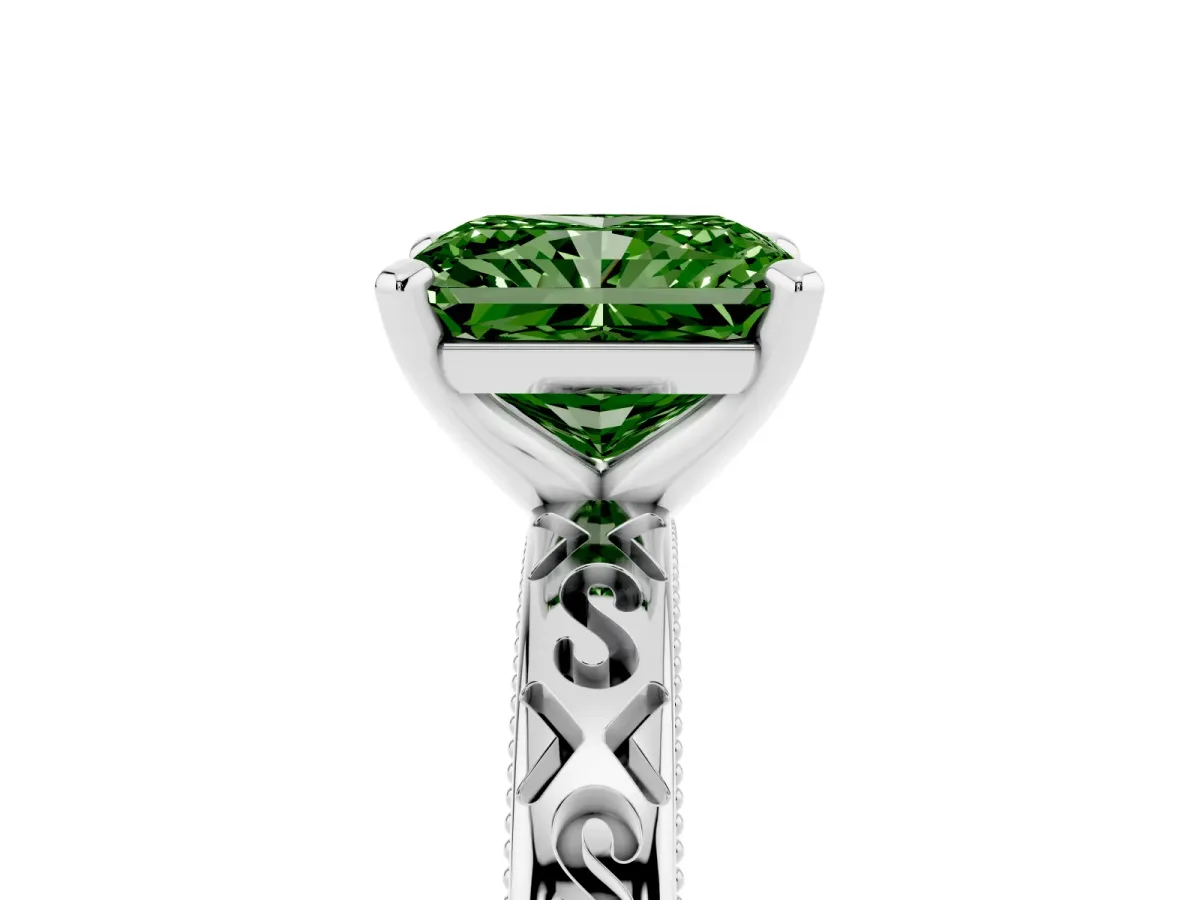 Fancy Green Radiant Cut Solitaire Engagement Ring with Scrollwork Band and Four-Prong Setting Silver