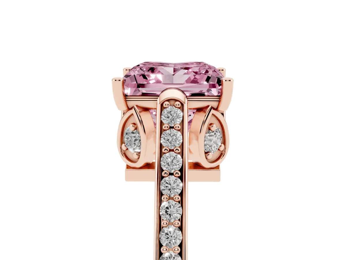 Fancy Pink Princess Cut Cut Cathedral Pave Diamond Engagement Ring with Six-Prong Setting Rose gold