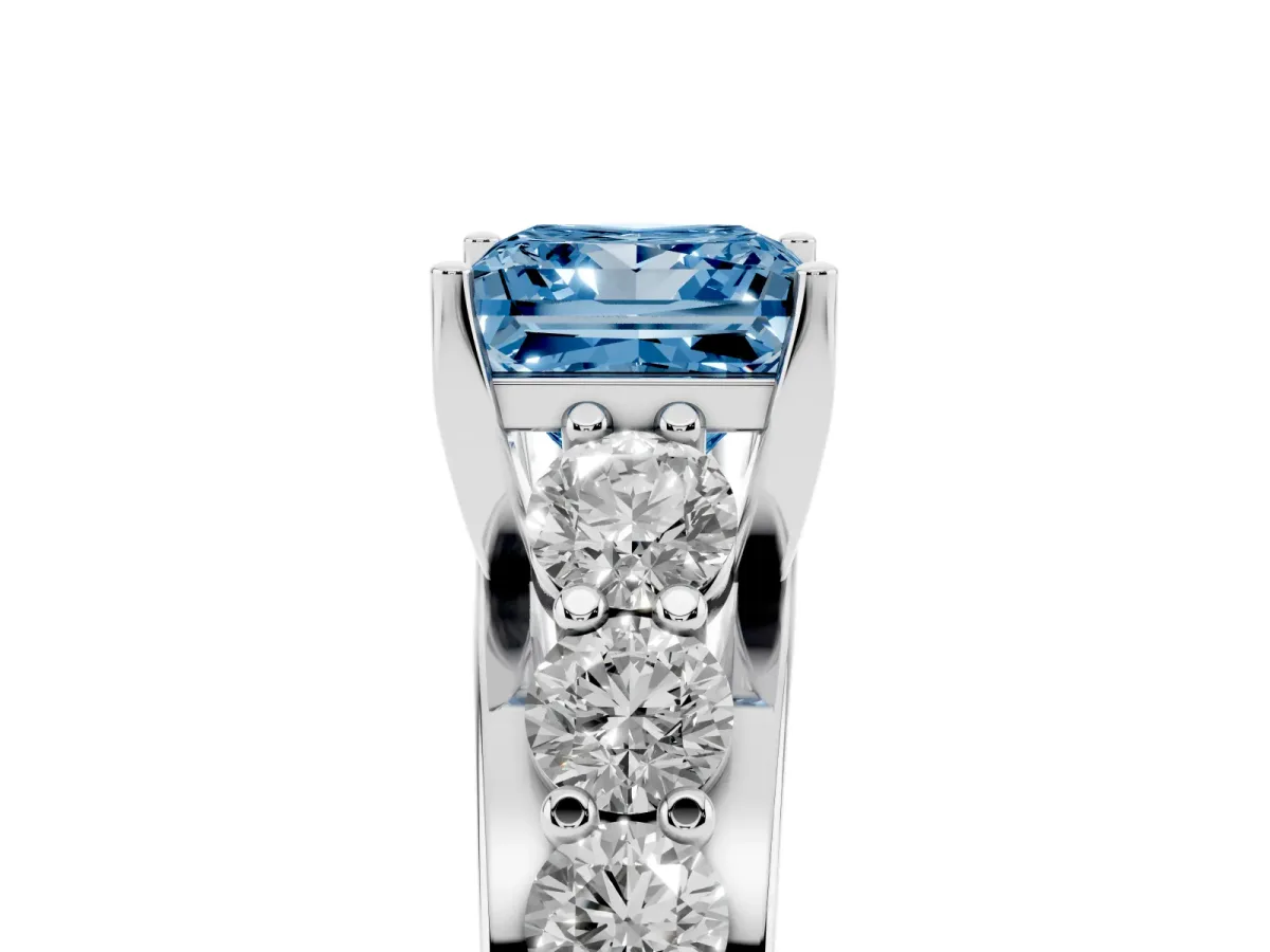 Fancy Blue Princess Cut Diamond Engagement Ring with Pavé Band and Four-Prong Setting Platinum
