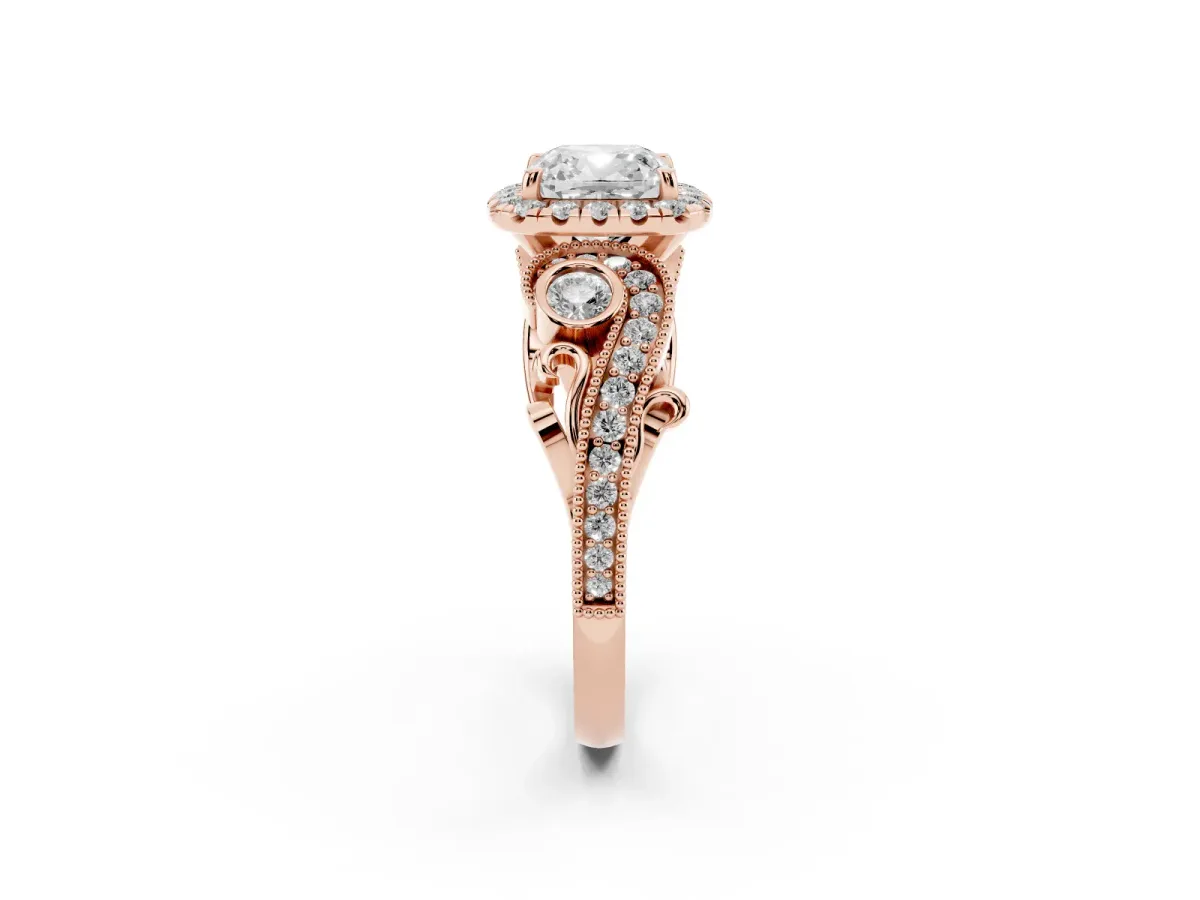 Cushion Cut Halo Diamond Ring with Milgrain and Bezel Accents on a Split Shank Band Rose gold