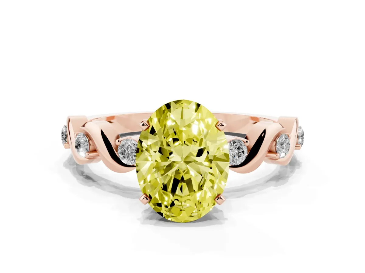 Fancy Yellow Oval Cut Diamond Solitaire Twisted Band with Round Accents and Prong Setting Rose gold
