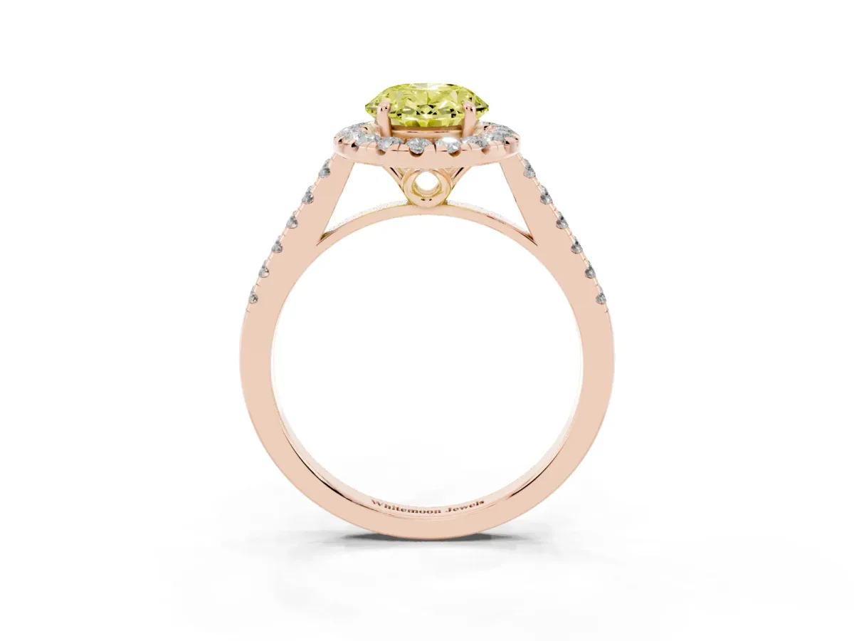 Fancy Yellow Oval Cut Halo Pavé Diamond Engagement Ring with Four-Prong Setting Rose gold