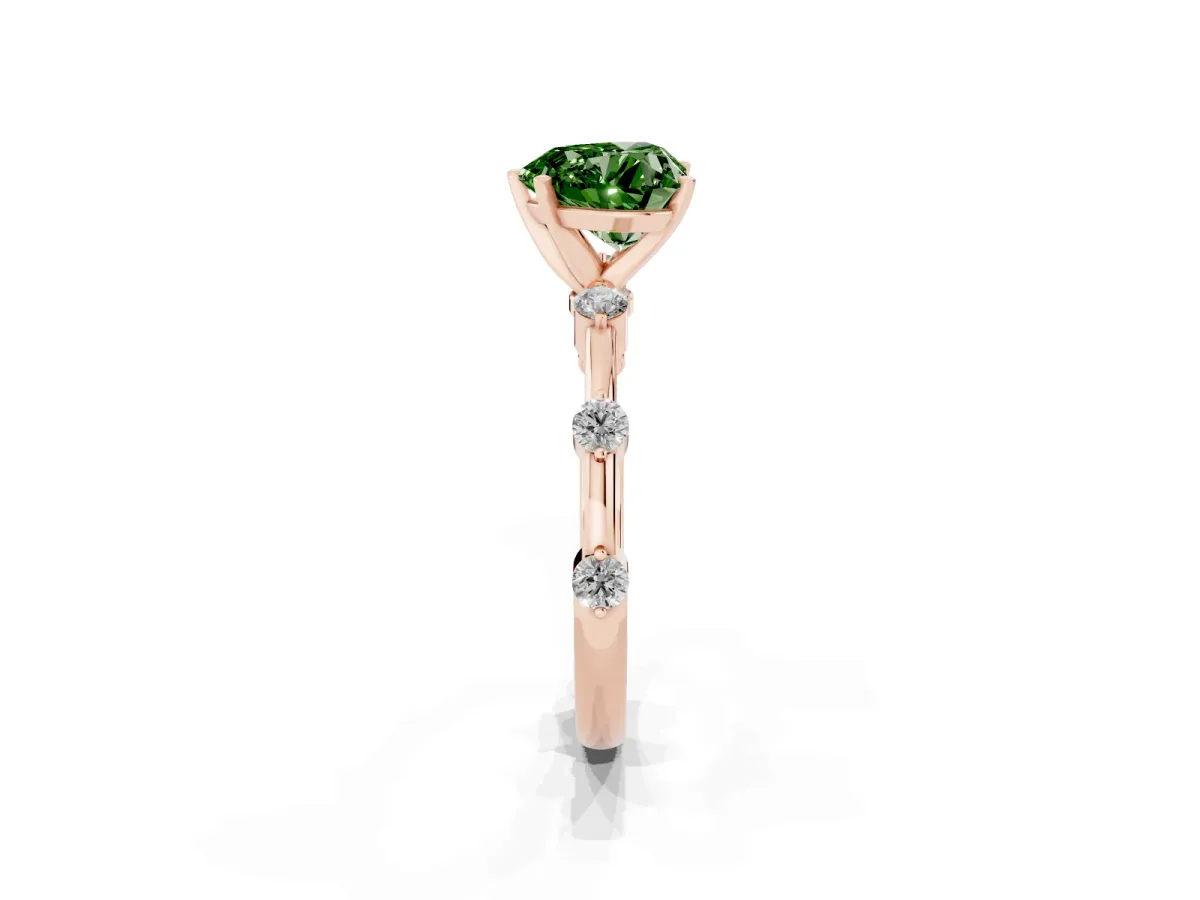 Fancy Green Heart Cut Solitaire Diamond Ring with Bezel Set Side Stones and Prong Setting Rose gold
