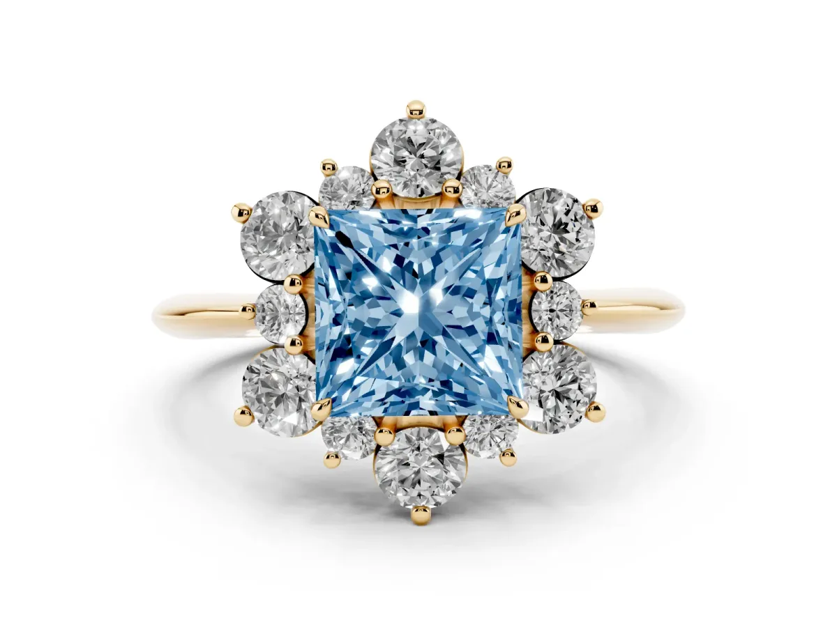 Fancy Blue Princess Cut Diamond Cluster Halo Ring with Solitaire Band and Four-Prong Setting Yellow gold