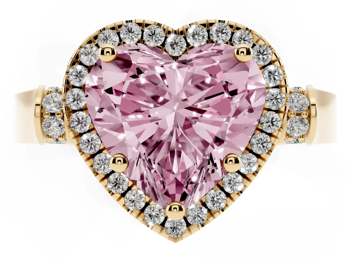 Fancy Pink Heart Cut Halo Pave Split Shank Prong Setting Ring Yellow gold