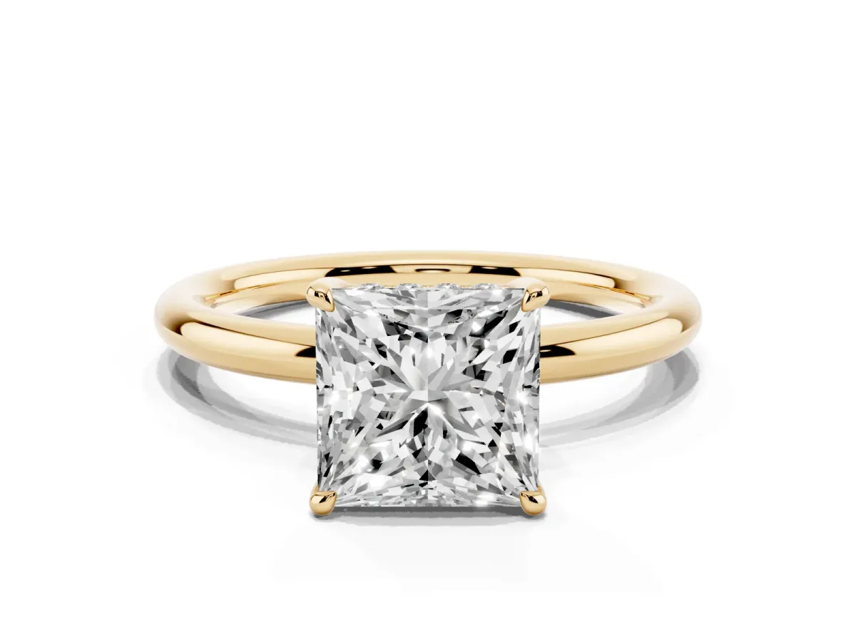 Princess Cut Diamond Solitaire Ring with Thin Band and Four-Prong Setting Yellow gold