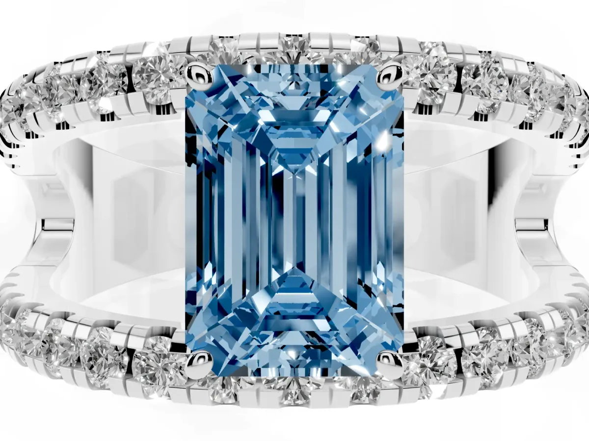 Fancy Blue Emerald Cut Solitaire Split Shank Pave Diamond Ring Silver