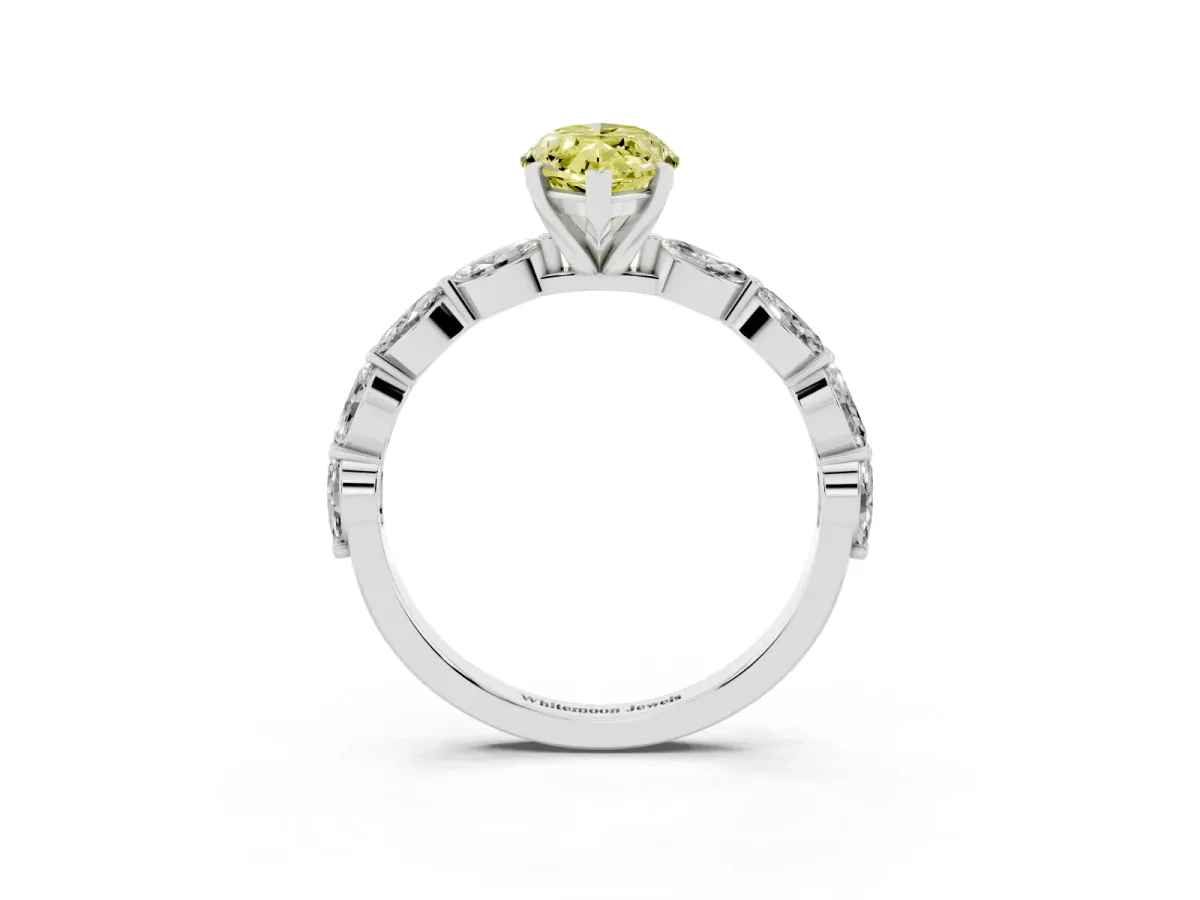 Fancy Yellow Marquise Cut Diamond Ring with Marquise Side Stones and Prong Setting Platinum