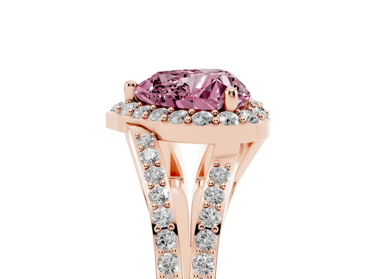 Fancy Pink Heart Cut Halo Split Shank Pave Diamond Ring with Four-Prong Setting Rose gold