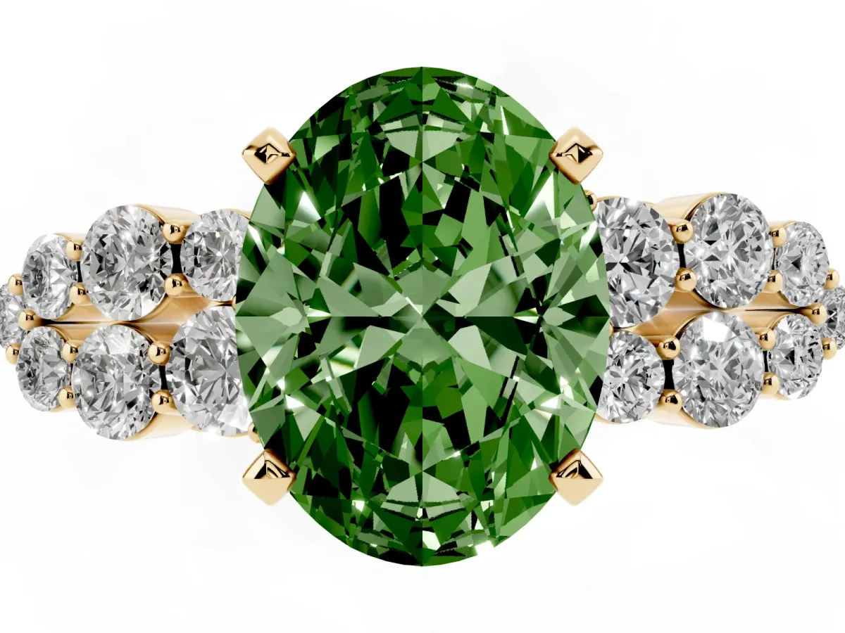 Fancy Green Oval Cut Cluster Diamond Engagement Ring with Pavé Band and Four-Prong Setting Yellow gold