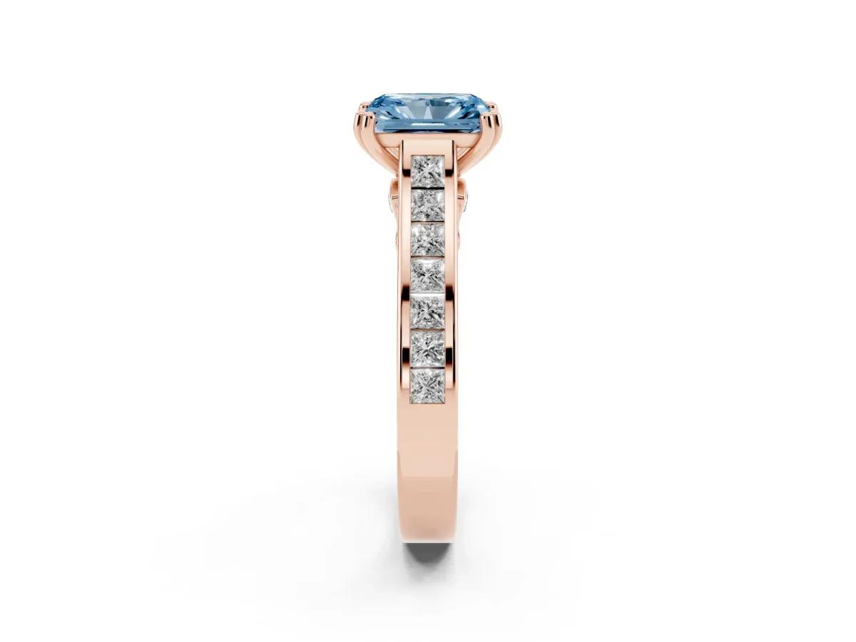 Fancy Blue Radiant Cut Cut Channel Set Solitaire Engagement Ring with Prong Setting Rose gold