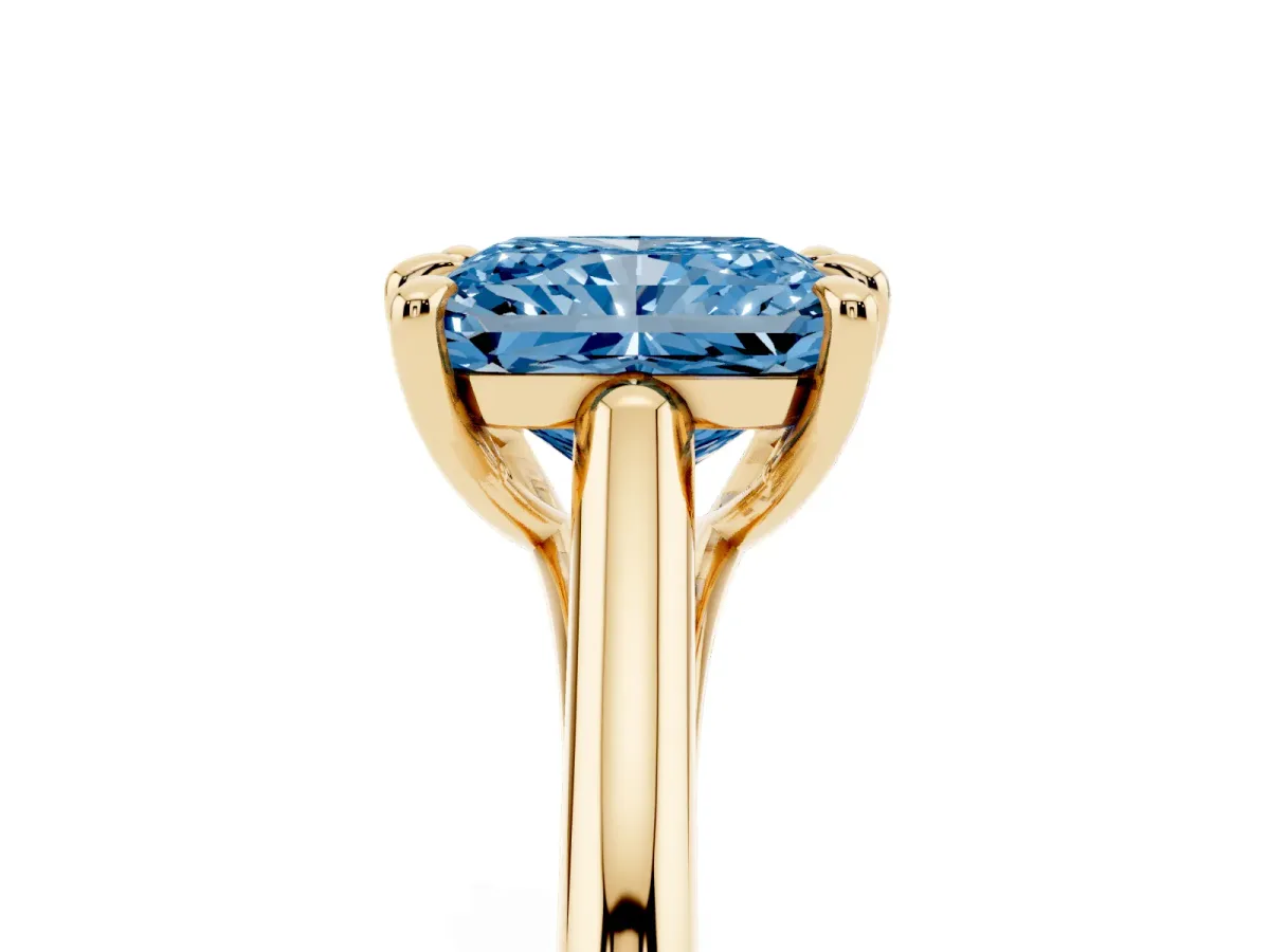 Fancy Blue Radiant Cut Solitaire Engagement Ring with Six-Prong Setting and Classic Band Yellow gold
