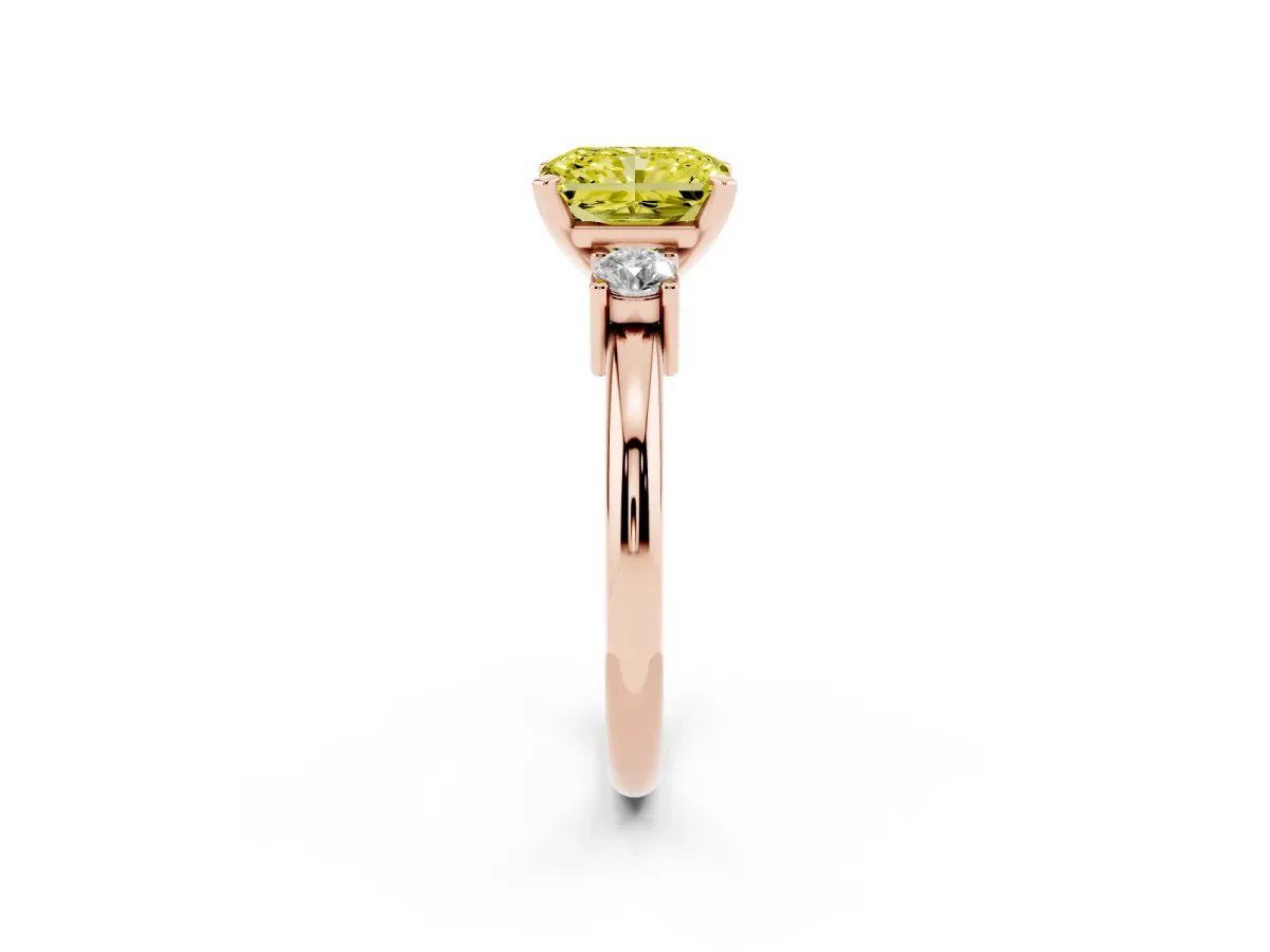 Fancy Yellow Three-Stone Radiant Cut Cut Diamond Solitaire with Prong Setting and Classic Band Rose gold