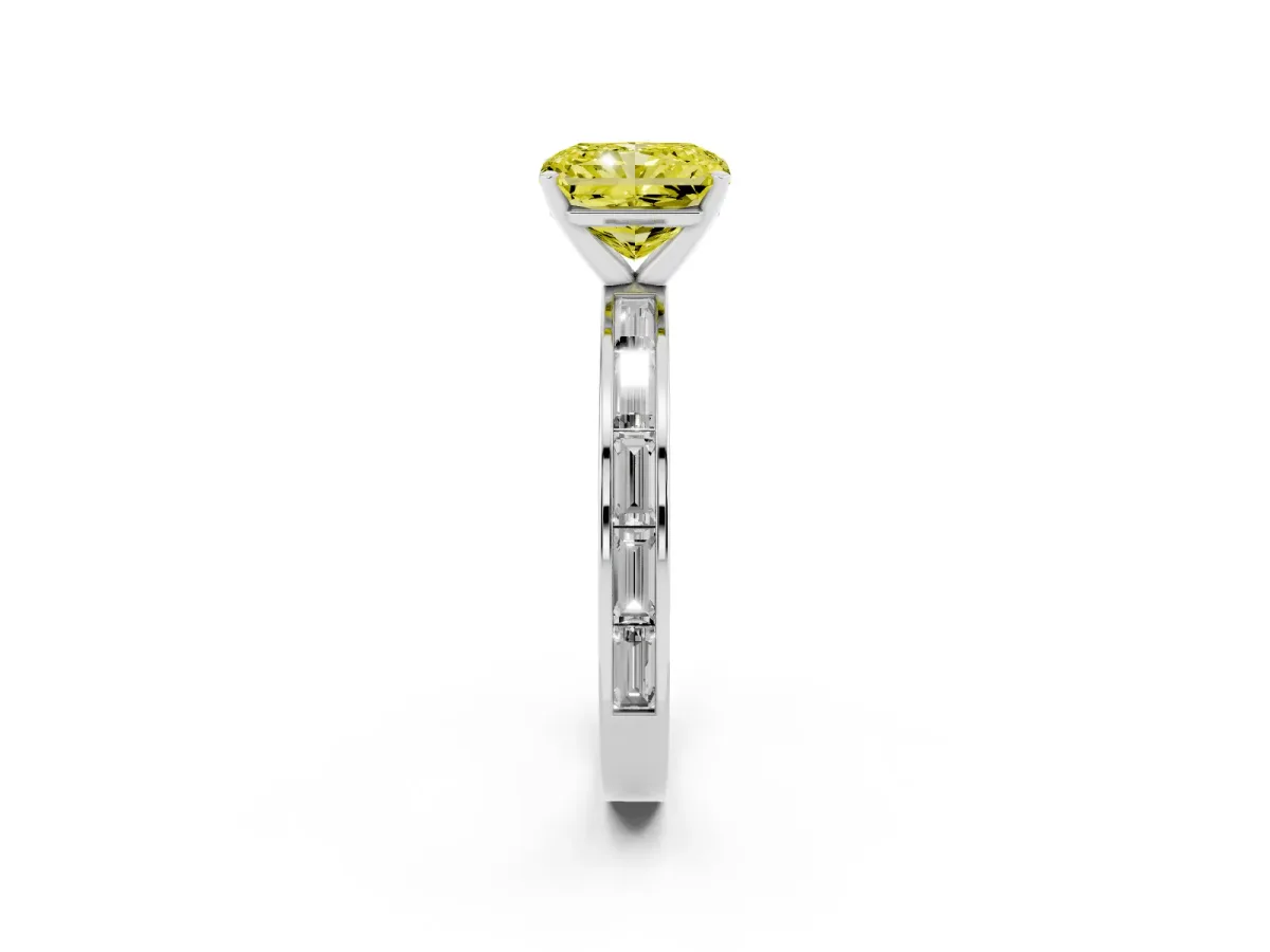 Fancy Yellow Radiant Cut Solitaire Diamond Ring with Channel-Set Baguette Band and Four-Prong Setting Platinum