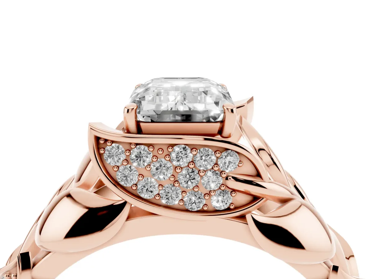 Emerald Cut Diamond Leaf-Inspired Engagement Ring with Round Accents and Prong Setting Rose gold