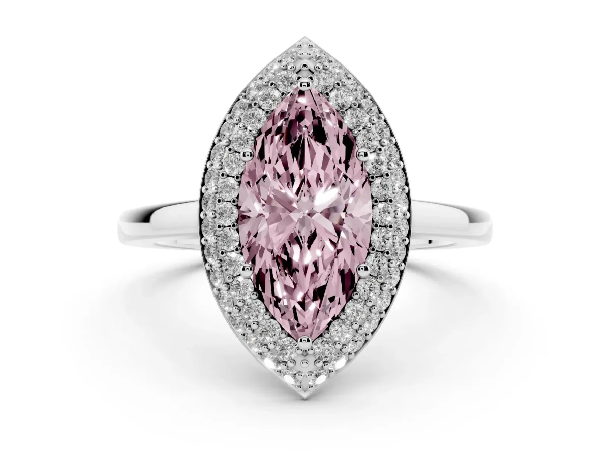 Fancy Pink Marquise Cut Halo Diamond Engagement Ring with Solitaire Band and Four-Prong Setting Platinum