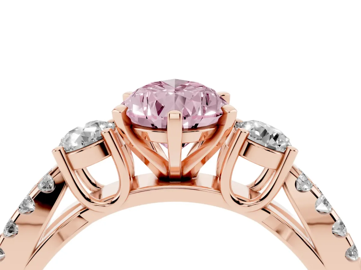 Fancy Pink Pear Cut Diamond Three-Stone Ring with Pavé Split Shank and Four-Prong Setting Rose gold
