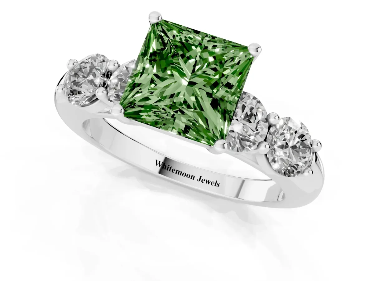 Fancy Green Princess Cut Cut Five-Stone Prong Set Diamond Ring with Classic Band Silver