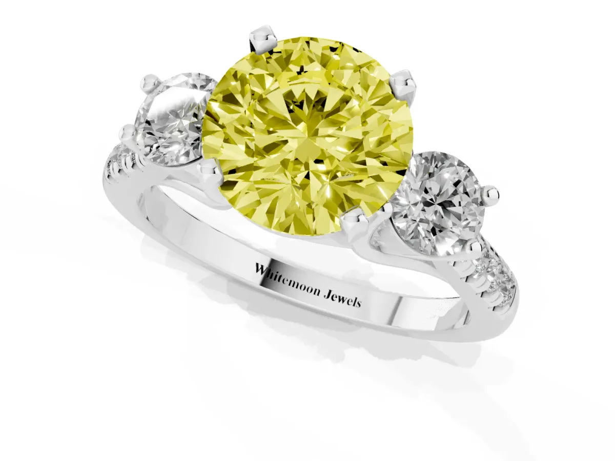 Fancy Yellow Three-Stone Round Cut Diamond Pavé Band with Four-Prong Setting Silver