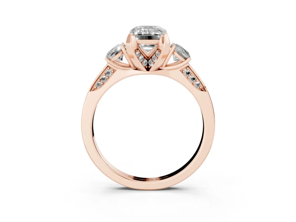 Fancy Yellow Emerald Cut Brilliant Three-Stone Diamond Ring with Pavé Band and Four-Prong Setting Rose gold