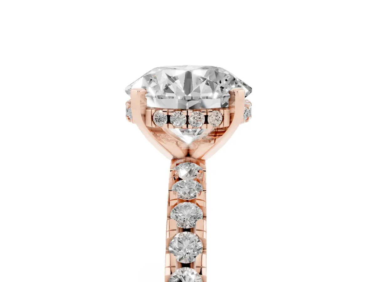 Round Cut Diamond Solitaire Ring with Round Pavé Band and Four-Prong Setting Rose gold