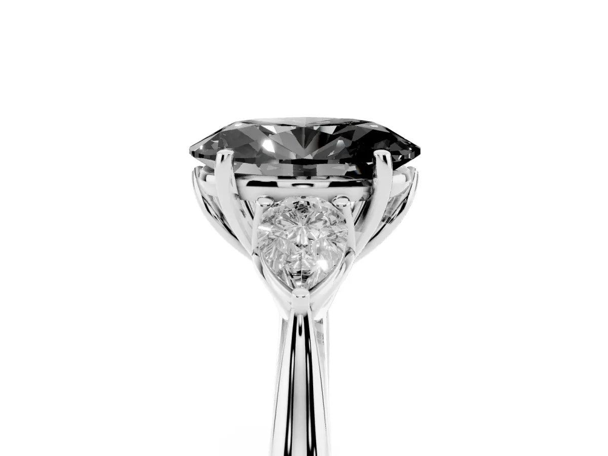 Fancy Black Three-Stone Oval Cut Brilliant Diamond Solitaire Ring with Tapered Band and Four-Prong Setting Silver
