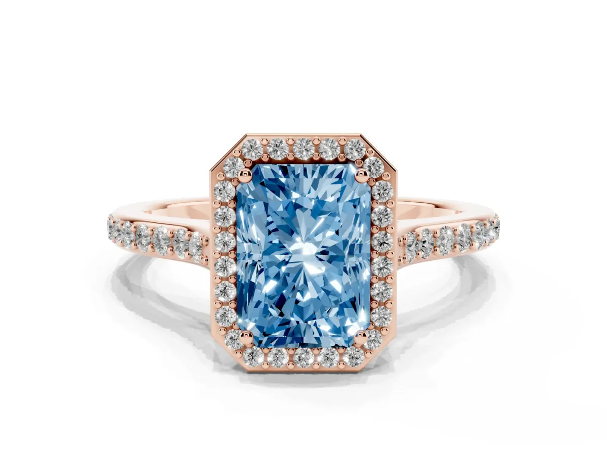 Fancy Blue Radiant Cut Diamond Halo Engagement Ring with Round Pavé Shoulders and Prong Setting Rose gold