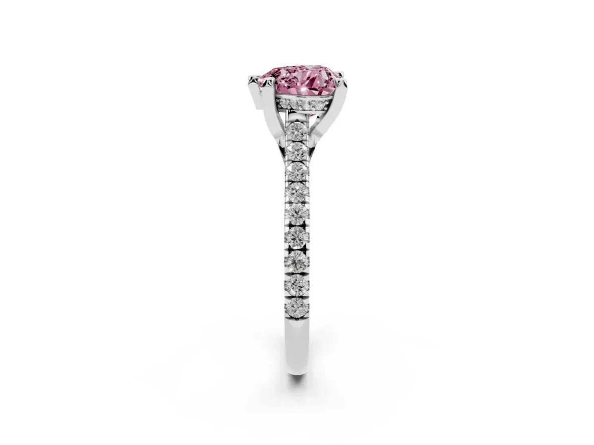 Fancy Pink Heart Cut Brilliant Diamond Solitaire with Pavé Band and Four-Prong Setting Platinum