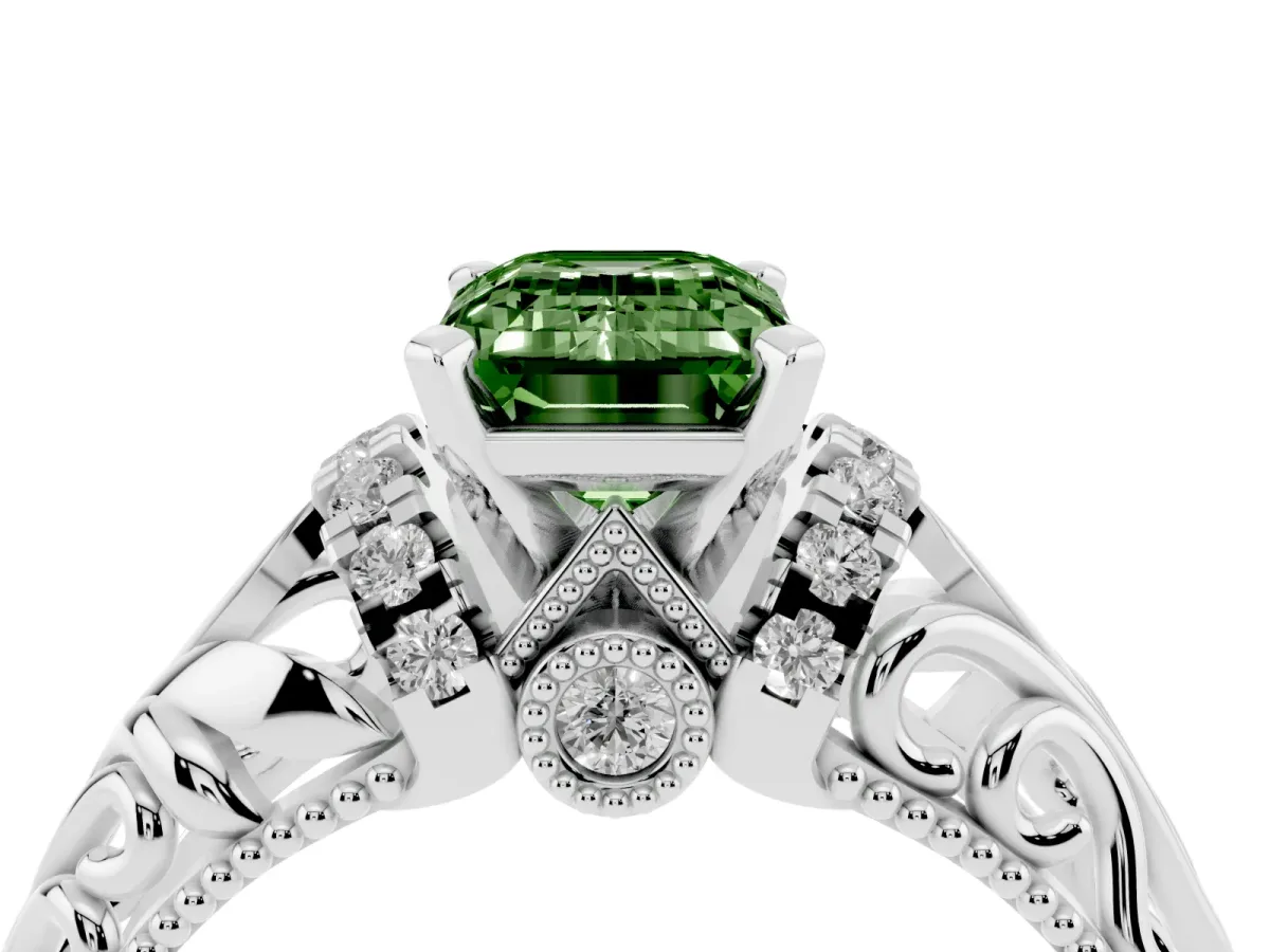 Fancy Green Emerald Cut Solitaire Filigree Engagement Ring with Halo and Prong Setting Platinum