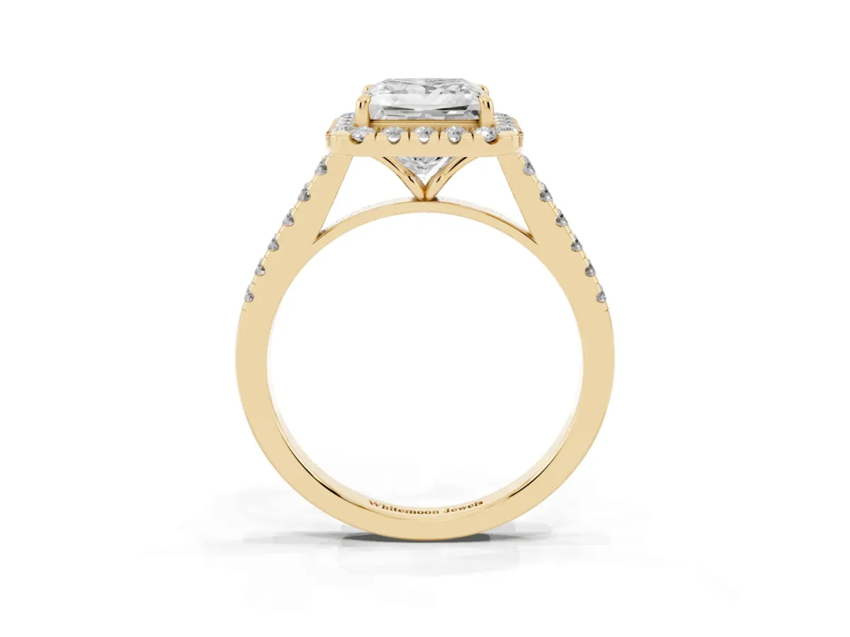 Princess Cut Halo Pave Diamond Engagement Ring with Four-Prong Setting Yellow gold