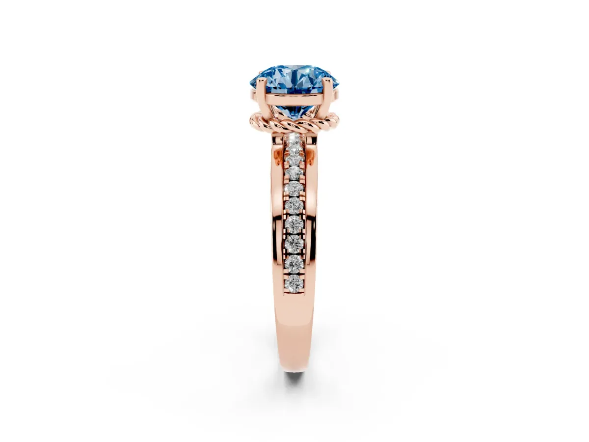 Fancy Blue Round Cut Solitaire Diamond Ring with Channel Set Band and Six-Prong Setting Rose gold