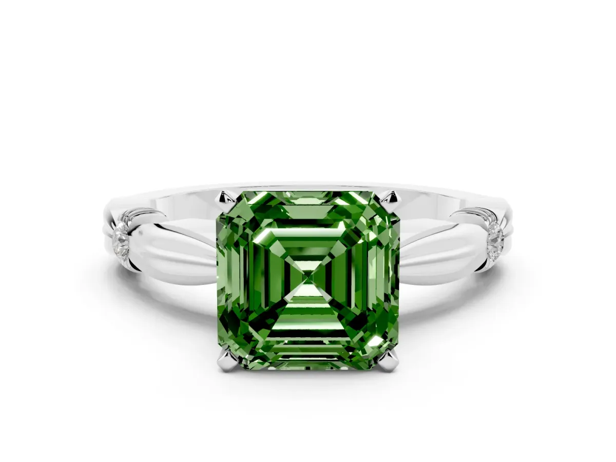 Fancy Green Asscher Cut Solitaire Diamond Twisted Band with Four-Prong Setting Silver