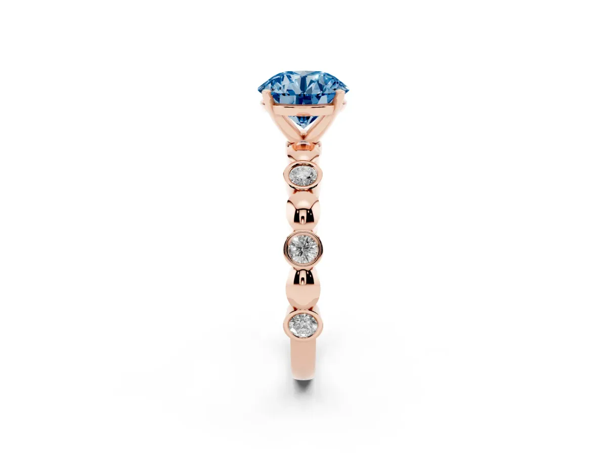 Fancy Blue Round Cut Solitaire Bezel-Set Diamond Ring with Beaded Band and Four-Prong Setting Rose gold
