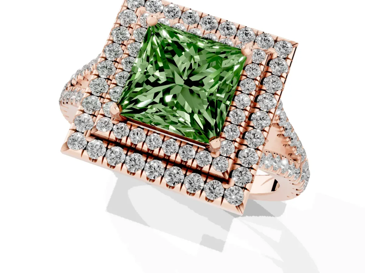 Fancy Green Princess Cut Diamond Double Halo Ring with Pavé Band and Prong Setting Rose gold