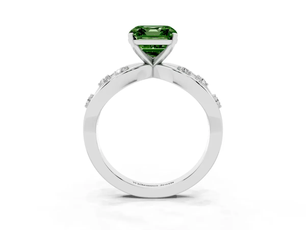 Fancy Green Asscher Cut Cut Solitaire Diamond with Side Stones on Criss-Cross Band and Four-Prong Setting Silver